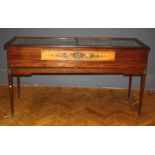 A mahogany, satin birch and painted piano converted into a display cabinet, raised on tapered legs