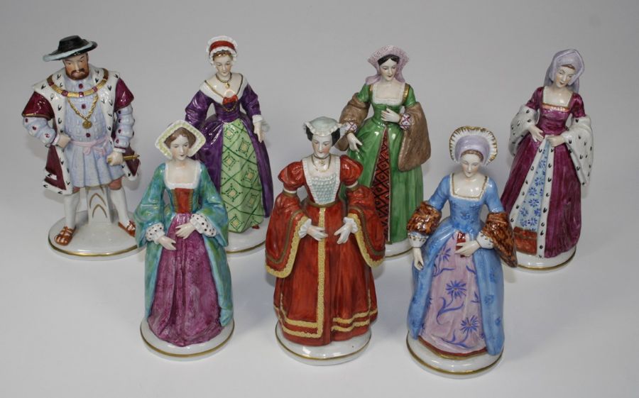 A set of seven Sitzendorf figures of King Henry VIII and his six wives. 20.5cm high, printed - Image 2 of 2