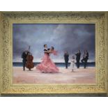 Tony Hunchcliffe, contemporary British Dancers and musicians on a beach, oil on board, framed, 43