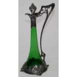 WMF, an Art Nouveau white metal mounted green glass claret jug and stopper, with elongated handle