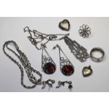 A selection of silver and pewter jewelley including a pair of Norman Grant enamelled earrings and