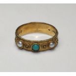 A seed pearl and turquoise band ring, hallmarked 9ct gold, size N, approx. weight 3.206g