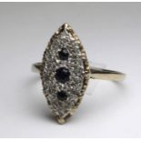 A sapphire and diamond navette ring, 9ct gold (hallmarked), size N, approx 2.42g