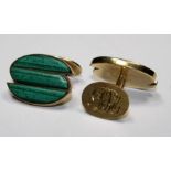 18ct gold (hallmarked) Malachite 1970's cufflinks, approx. 21.5g, monogrammed