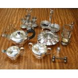 A quantity of silver plate including a three piece bachelors tea set, a double condiment stand and