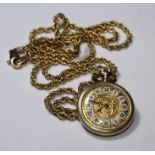 A Twisted rope chain (approx. 64cm, 13.69gm), hallmarked 9ct gold plus small gold fob watch with