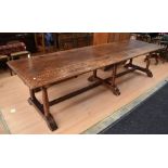 Large oak planked-top refectory/dining table with three double supports - the 'block' legs have