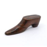 A George III treen snuff box, in the form of a shoe, brass pin detail, sliding top, approx 13cm