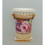 A Coalport Vase with Birds Beak and ring handles. Painted with a deep band of flowers, and gilt