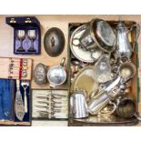 A collection of silver plated items including tea sets, trays, boxed flat wares, claret jug, flat