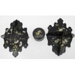A pair of Victorian papier mache folding wall brackets, painted with flowers; together with a