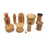 A collection of treen boxes, jars, dice shakers, etc, case enclosing watch makers tools; (9)