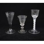 Early Georgian twisted stem cordial glass along with two other Georgian glasses