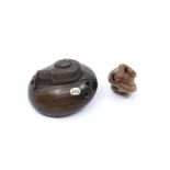 A Japanese netsuke in the form of a snail on a mushroom along with a boxwood ojime formed as a