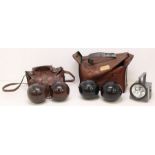 Two pairs of bowls contained within bags and an NRS railway lamp. (3)