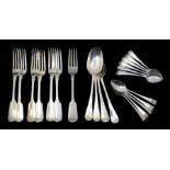 A matched set of six (4+2) Victorian silver forks, London 1844 and 1850 John James Whiting; three