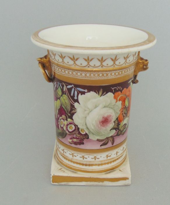 A Coalport Vase with Birds Beak and ring handles. Painted with a deep band of flowers, and gilt - Image 3 of 5