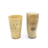 Two Late 18th Century Early 19th Century Horn Beakers with Carved Initials and Detail