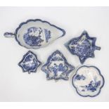 Collection of 18th Century Blue and White Pickle Dishes, Sauce Boat and Chinese Pettle Dish