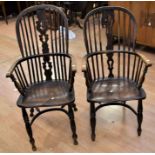 Pair of oak and elm spindle back 19th Century arm chairs with U stretchers, old split to seat of one