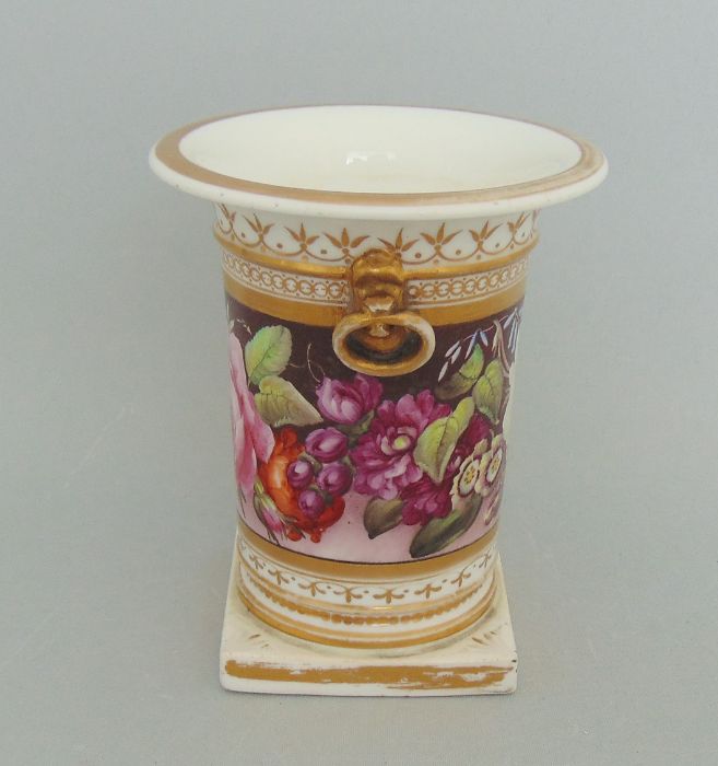 A Coalport Vase with Birds Beak and ring handles. Painted with a deep band of flowers, and gilt - Image 2 of 5