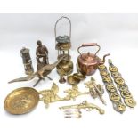 2 boxes of brassware to include miners lamp, horse brasses, brass miners figures and two coal