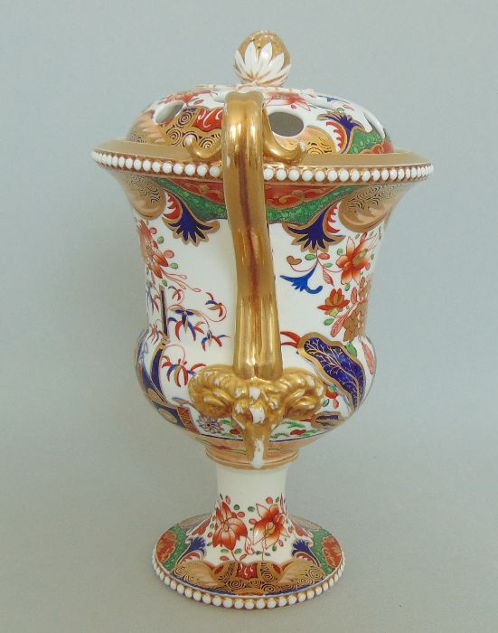 A Spode Vase and Pierced Cover with an Acorn finial. The gilt handles with goats heads. White - Image 2 of 5
