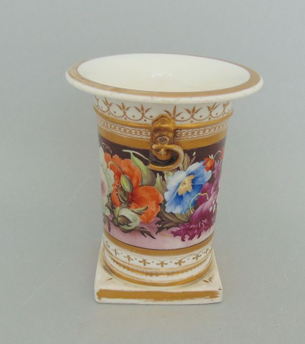 A Coalport Vase with Birds Beak and ring handles. Painted with a deep band of flowers, and gilt - Image 4 of 5