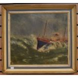 T E Grimshaw, fishing vessel in choppy seas, signed oil on board, dated 1945; J Reynolds,