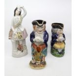 A collection of Staffordshire to include: flatback figure of Flora McDonald; a 19th Century spill