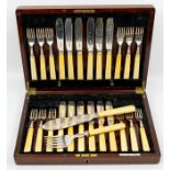 George V set of cased set of twelve  ivory handled fish eaters, with silver prongs and blades,