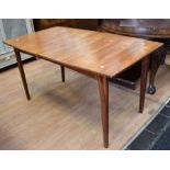 Retro 1960s teak pull-out rectangular dining table with four matching chairs with black