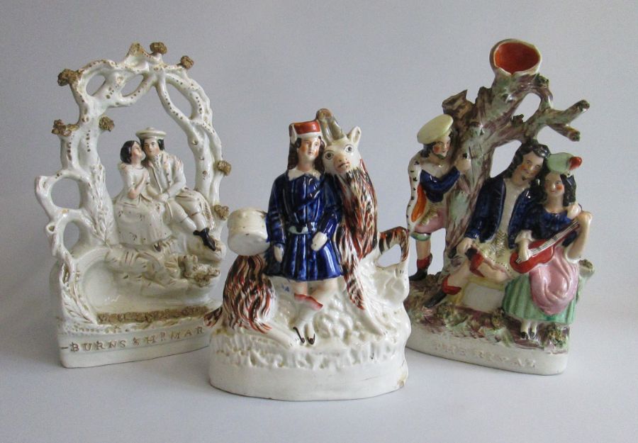 Three Staffordshire figures. Arbour with Burns and Mary. Boy and Goat and The Rivals Circa 1860-65