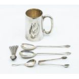 A collection of hallmarked silver including a set of 6 teaspoons, a caddy spoon, servers, tongs