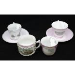 Two early 20th Century Continental made English Tourist ware moustache cup and saucers to include: