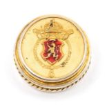 A Russian Imperial silver-gilt 84 standard pill box, style of Fabergé, the cover inset with red