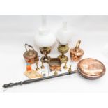 A Eltrex lamp, an Aladdin lamp and a collection of brass and copper items to include warming pan,