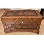Two mid-20th century chests: one heavily carved Chinese hardwood and one mahogany. 100cm x 58cm