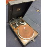 His Masters Voice picnic / portable gramophone in black vinyl carry case, good condition and