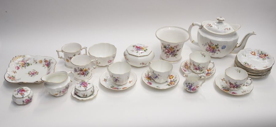 A quantity of Royal Crown Derby posies pattern to include 12 trios, 3 trinket boxes, a milk jug, two