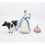 A John Beswick dairy cow, Royal Doulton Leading Lady figure and earlier 20th Century Royal Doulton