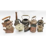 19th Century and early 20th Century brass and copper kettles, pots, cooking pots, pans, fire dogs