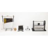 Collection of chrome Deco items including dinner gong cigar box, tooth pick box, vesta holder