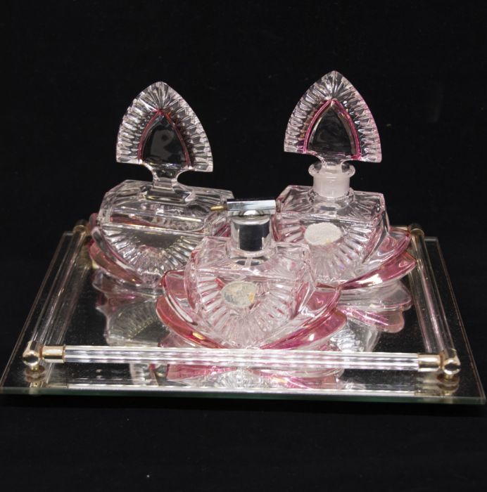 Mirrored glass dressing table Art Deco tray with glass Deco perfume bottles, clear and ruby glass