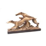 1930s figure of two whippets / lurchers in motion, 54cm x 31cm high, signed Lemandeau, brown ground