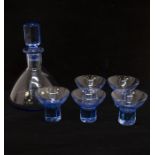 Mazolay blue glass decanter and five stylish bowl shaped glasses