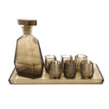 1960 smoked brown and etched glass decanter on tray with six shop glasses
