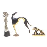 Three Deco figures including bronze greyhound by Hagenauer, Panther and 1920s lady.