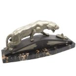 1930s figure in spelter of a Bengal Tiger and adder on marble stand, signed Va De Voorde, Paris,
