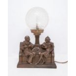 Spelter 1930s Pierrot clown and Columbine seated with roses between, crackle glass shade table lamp.